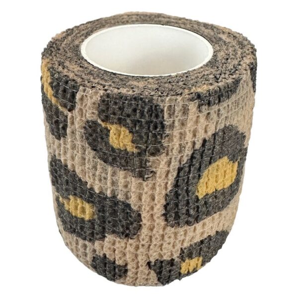 Venda de agarre marrón y beige con estampado de leopardo sobre fondo blanco