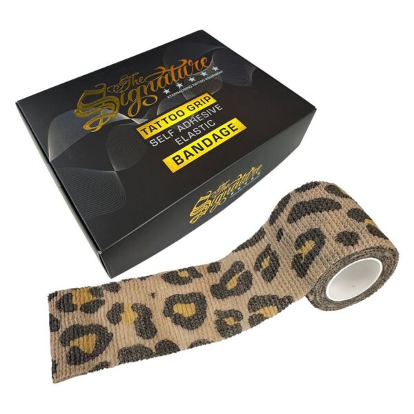 Vendaje de agarre leopardo en marrón-beige con caja sobre fondo blanco
