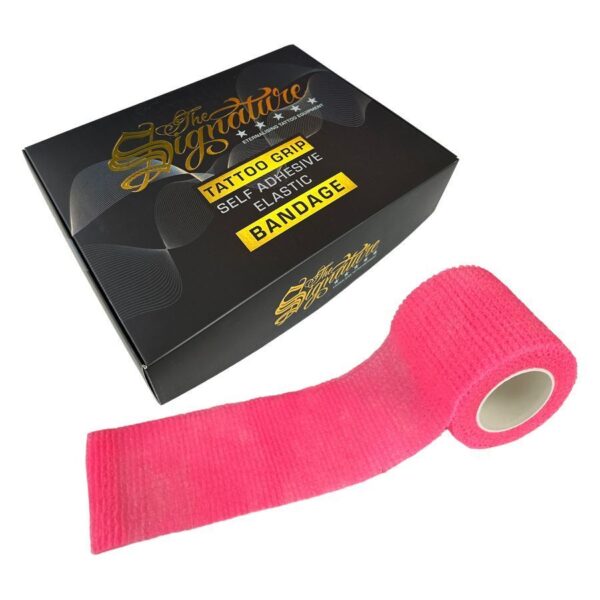 Venda de agarre rosa sobre fondo blanco junto a una caja negra