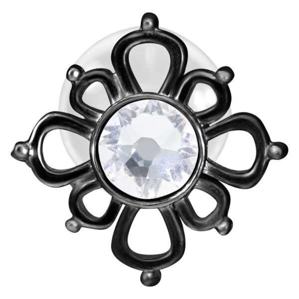 Labret negro con diseño oriental y cristal claro sobre fondo blanco
