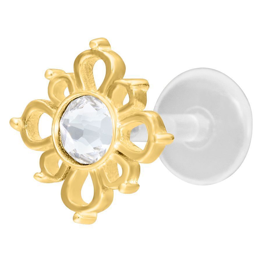 Labret dorado con cristal claro sobre fondo blanco, diseño Push-Fit