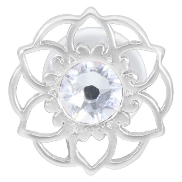 Labret plateado con diseño de mandala y cristal claro sobre fondo blanco