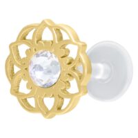 Labret Flor Mandala Dorado con cristal claro sobre fondo blanco