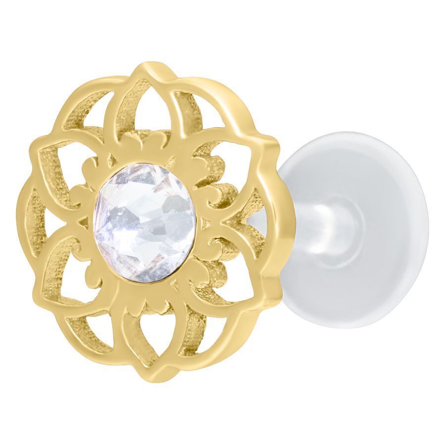 Labret Flor Mandala Dorado con cristal claro sobre fondo blanco