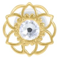 Labret Push-Fit dorado con motivo de flor mandala y cristal claro sobre fondo blanco