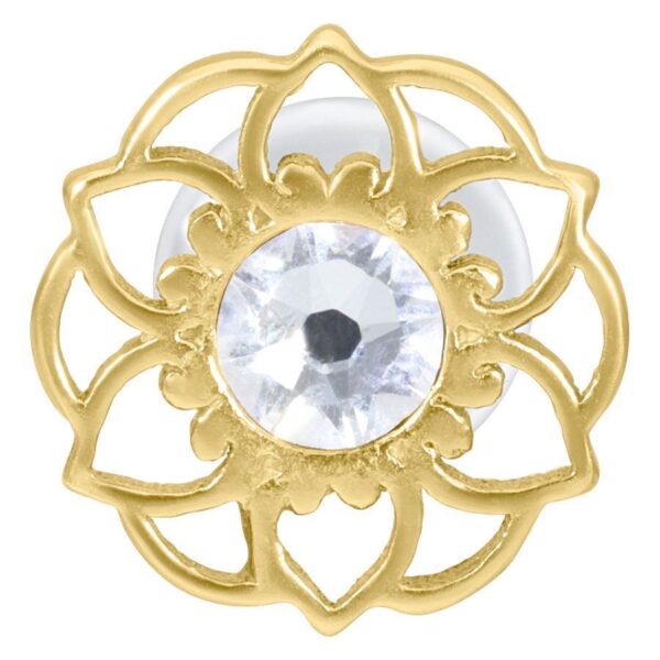 Labret Push-Fit dorado con motivo de flor mandala y cristal claro sobre fondo blanco