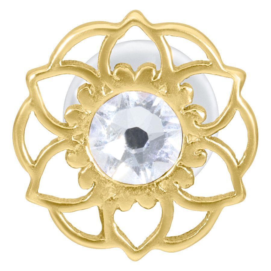 Labret Push-Fit dorado con motivo de flor mandala y cristal claro sobre fondo blanco
