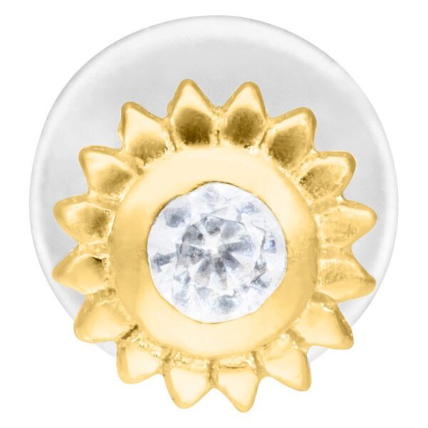 Labret Push-Fit dorado con piedra cristalina sobre fondo blanco