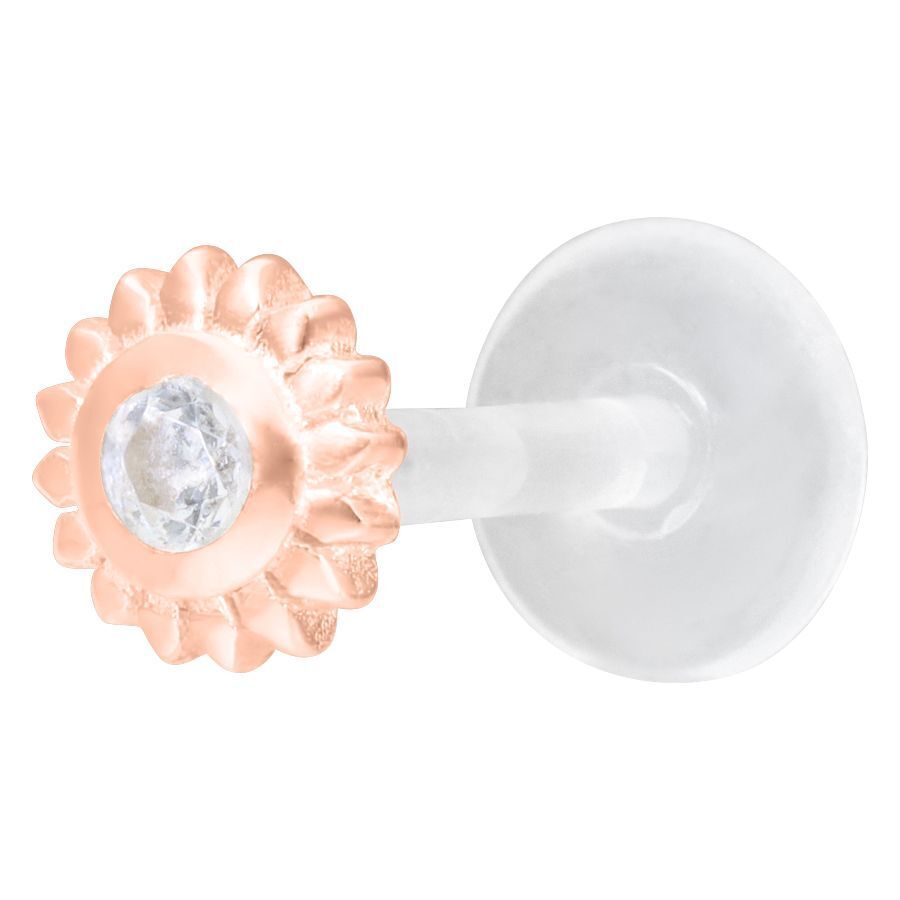 Ice Flower Push-Fit Labret en oro rosa con cristal claro sobre fondo blanco