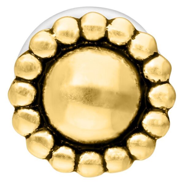Piercing labret Push-Fit dorado con diseño redondo sobre fondo blanco