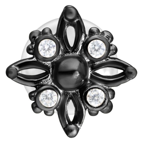 Labret Push-Fit negro con diseño en forma de estrella y piedras cristalinas sobre fondo blanco