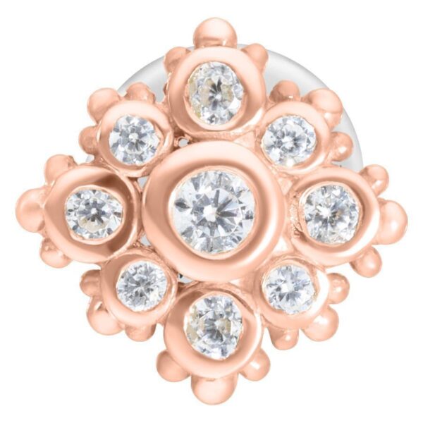 Labret Push-Fit de oro rosa con cristales claros sobre fondo blanco