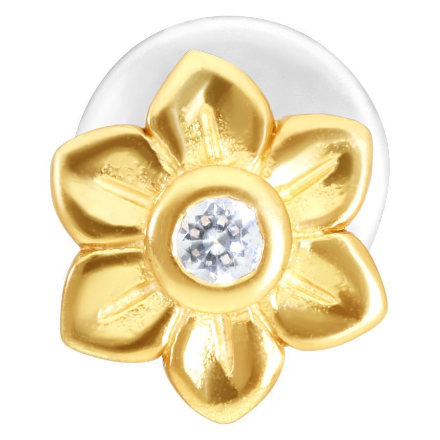 Labret dorado con adorno de flor y cristal claro sobre fondo blanco