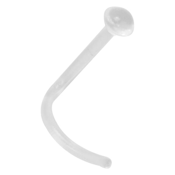 Tornillo nasal claro de bioplástico con bola de 2,5 mm sobre fondo blanco
