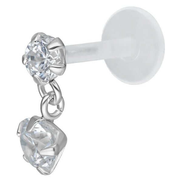 Labret de Push-Fit plateado con colgante de cristal claro sobre fondo blanco