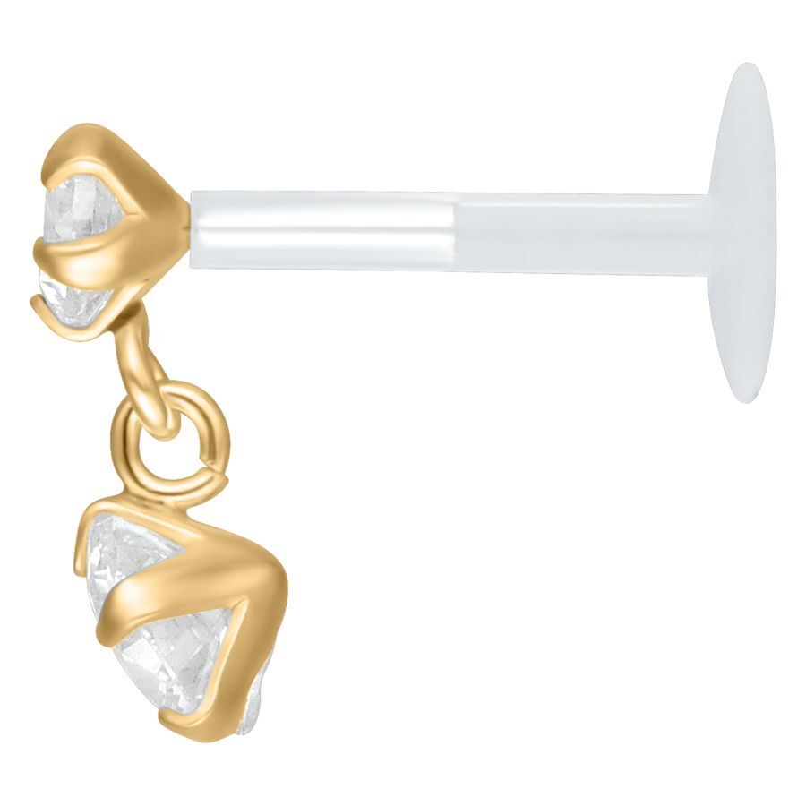 Labret dorado con colgante de cristal claro sobre fondo blanco