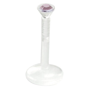 Labret transparente de bioplast con cristal de amatista sobre fondo blanco