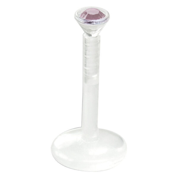 Labret transparente de bioplast con cristal de amatista sobre fondo blanco