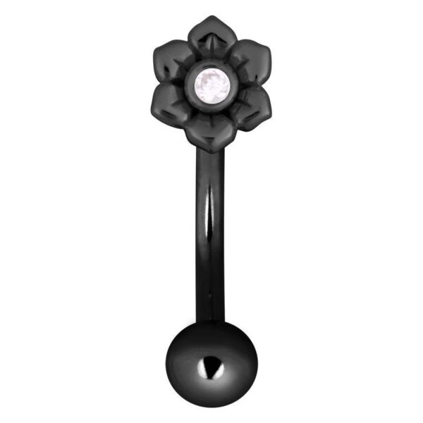 Piercing Bananabell negro con diseño de flores y cristal claro sobre fondo blanco