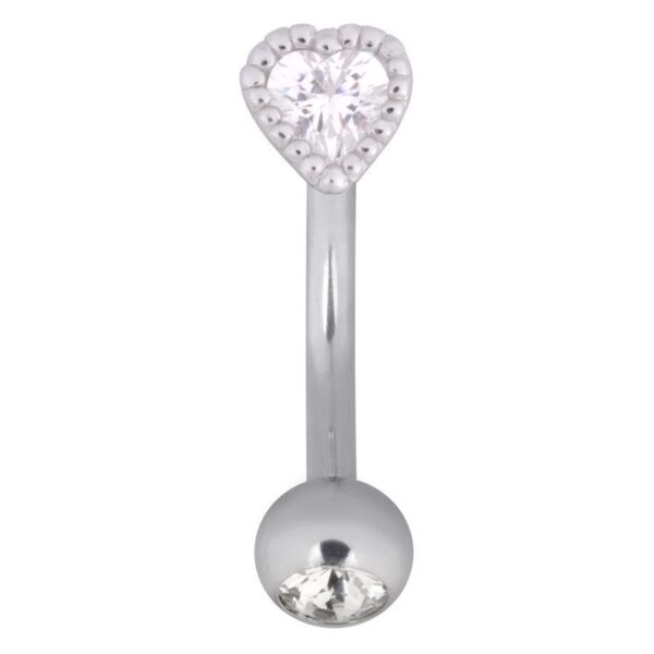 Micro Bananabell de corazón plateado con cristal claro sobre fondo blanco