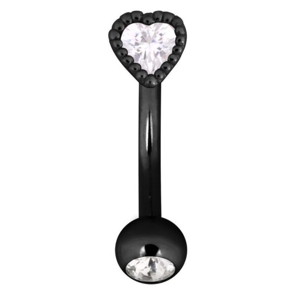 Banana bell negro con cristal en forma de corazón y piedra clara sobre fondo blanco