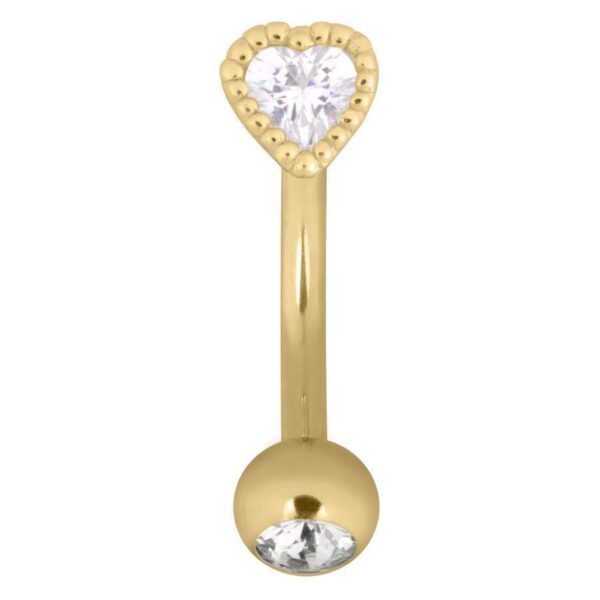 Bananabell dorado con forma de corazón y cristal claro sobre fondo blanco