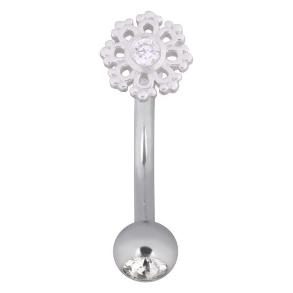 Snowflake Micro Bananabell de plata con piedra cristalina sobre fondo blanco
