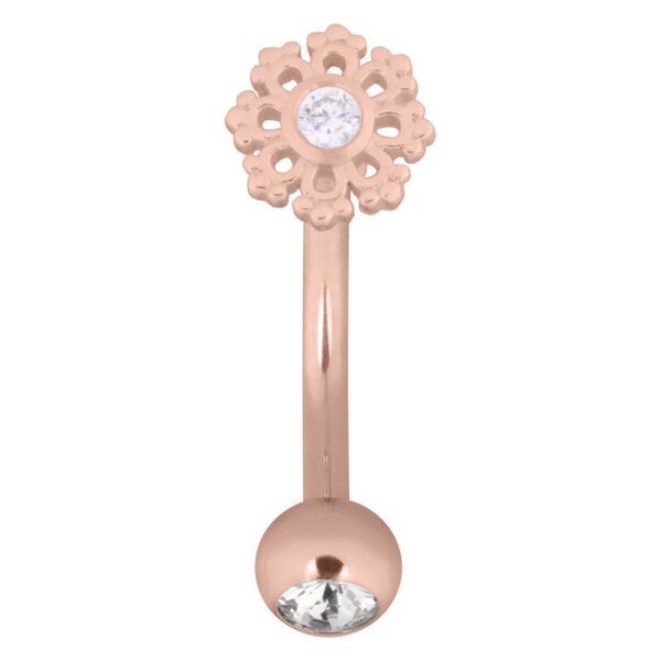 Micro Bananabell en oro rosa con diseño de copo de nieve y cristales claros sobre fondo blanco