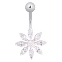 Piercing de ombligo en plata con colgante de flor de cristales