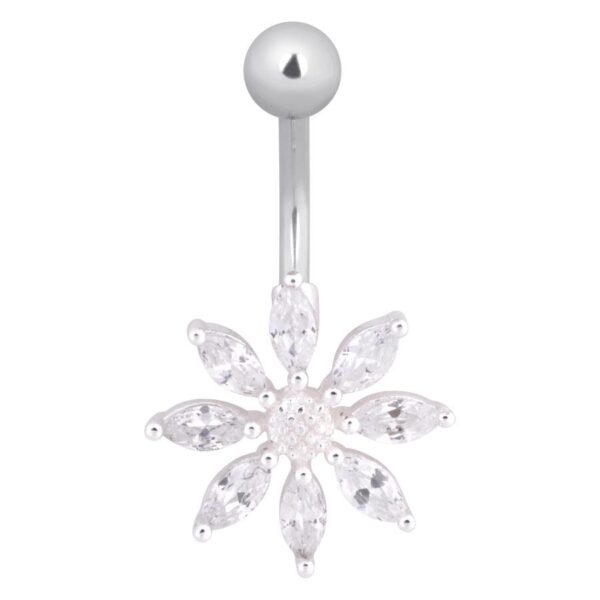 Piercing de ombligo en plata con colgante de flor de cristales