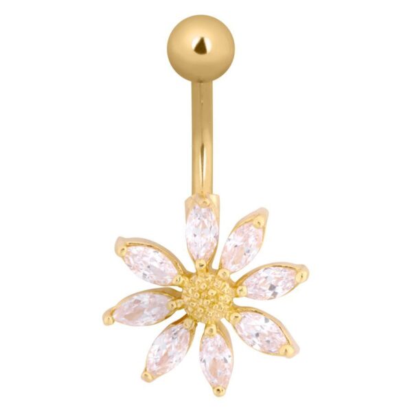 Piercing de ombligo dorado en forma de flor con cristales claros, sobre fondo blanco