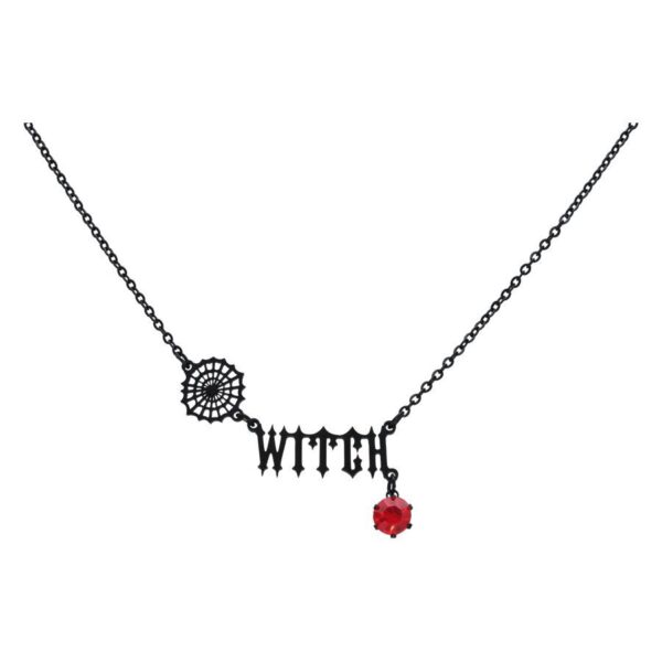 Collar Negro Witch de acero quirúrgico con cristal rojo sobre fondo blanco