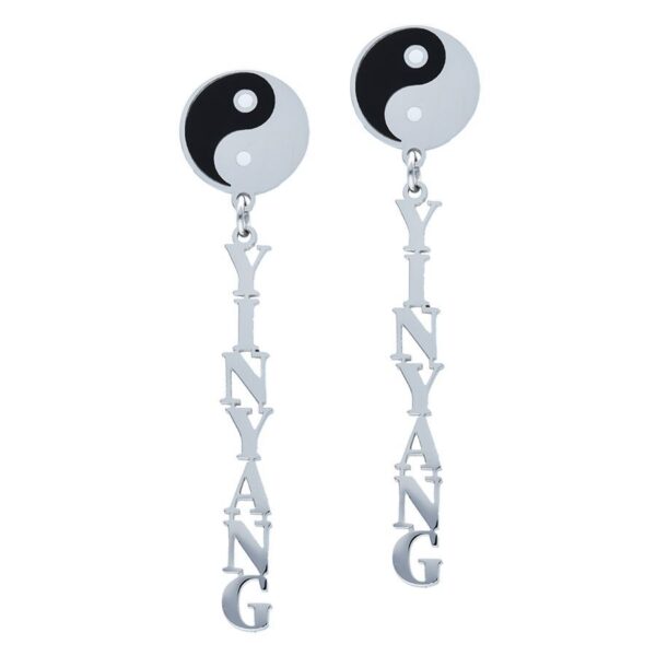 Pendientes Yin Yang de plata, placa redonda con diseño Yin Yang en negro y blanco, texto colgante