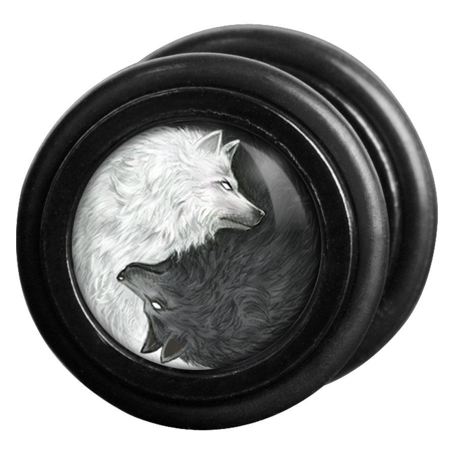 Fake Plug negro con motivos de lobos blancos y negros, diseño redondo