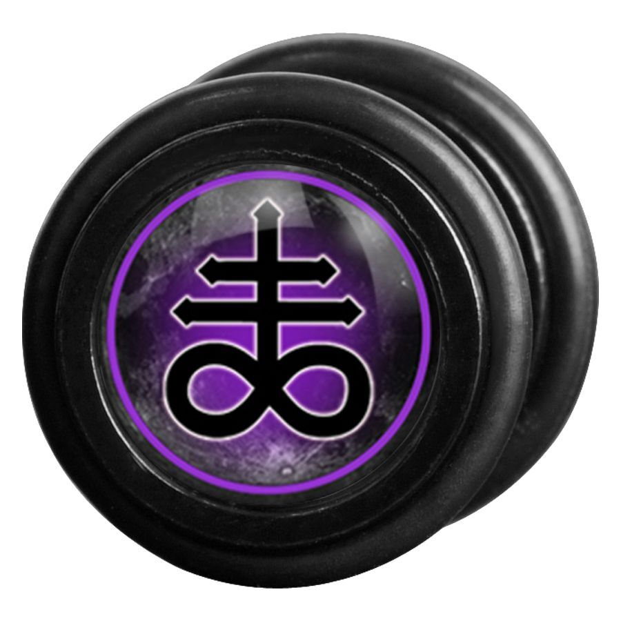 Schwarzer Fake Plug aus Chirurgenstahl mit lila Leviathan-Symbol auf weißem Hintergrund