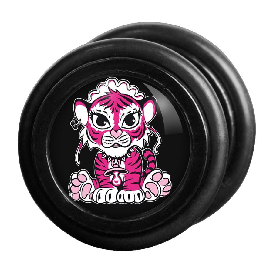 Wildcat Fake Plug con diseño de tigre rosa Fake Plug negro con tigre rosa sobre fondo negro