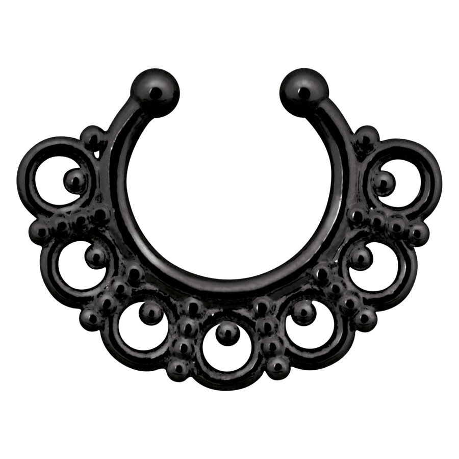 Septum falso oriental negro de acero quirúrgico Septum falso negro y adornado de acero quirúrgico 316L sobre fondo blanco