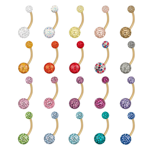 Varios banana bells dorados con cristales de colores sobre fondo blanco