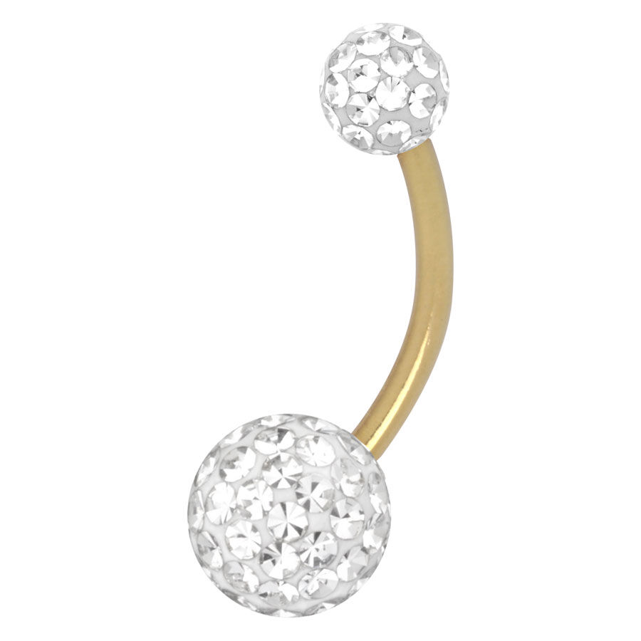 Goldenes Bananabell mit klaren Kristallkugeln auf weißem Hintergrund