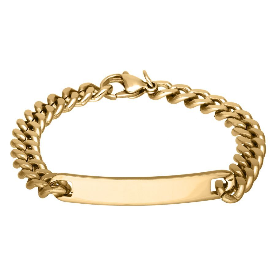 Pulsera dorada grabable de acero quirúrgico Pulsera dorada brillante con placa grabable sobre fondo blanco