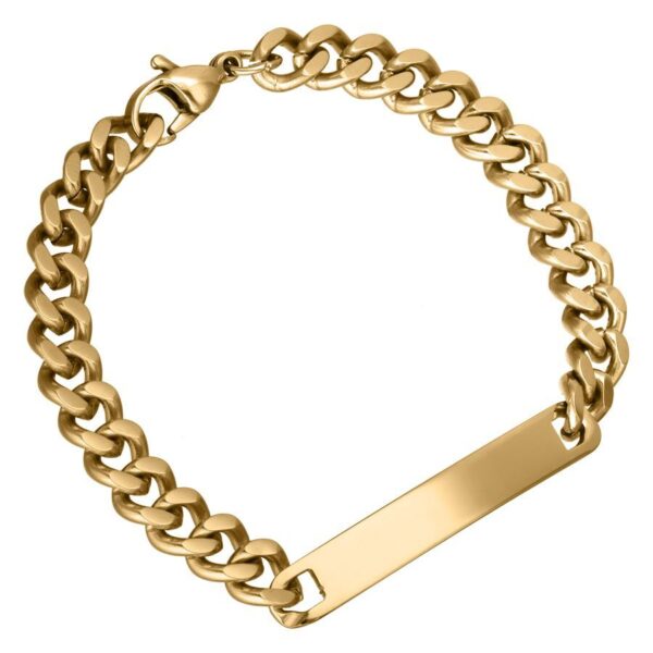 Pulsera dorada de acero quirúrgico 316L con placa de grabado sobre fondo blanco