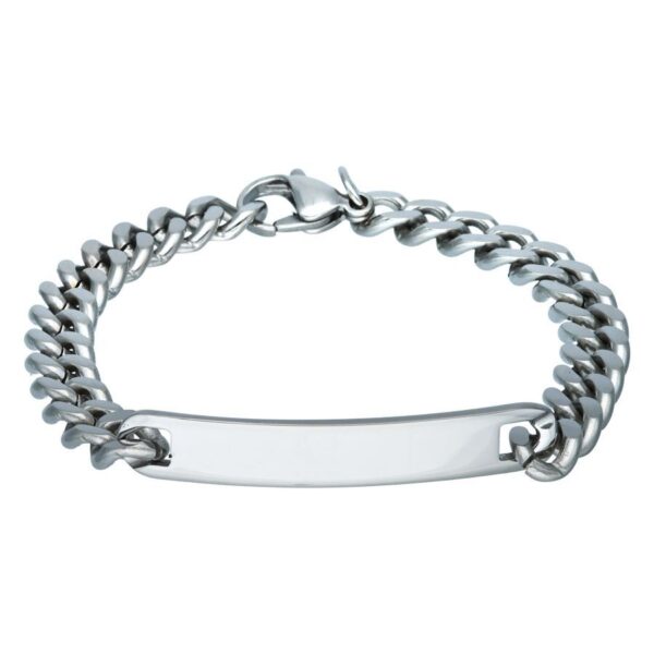 Pulsera plateada grabable de acero quirúrgico sobre fondo blanco