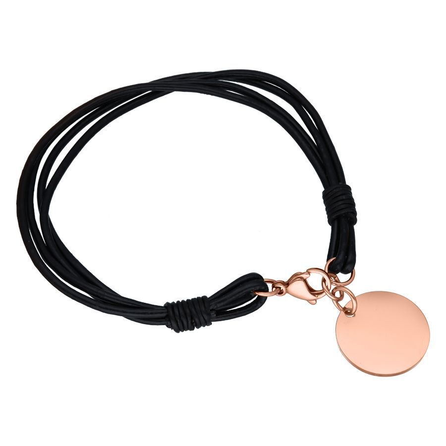 Schwarzes Bandarmband mit roségoldener Gravurplatte auf weißem Hintergrund