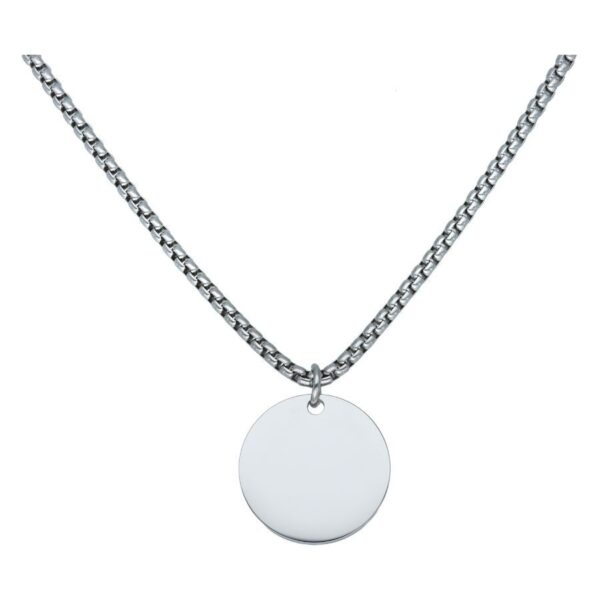 Collar grabable de acero quirúrgico plateado con colgante redondo sobre fondo blanco