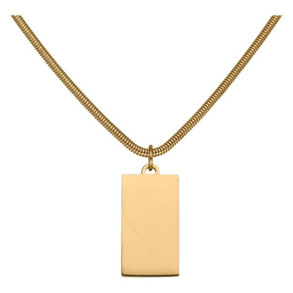 Cadena dorada con colgante rectangular sobre fondo blanco