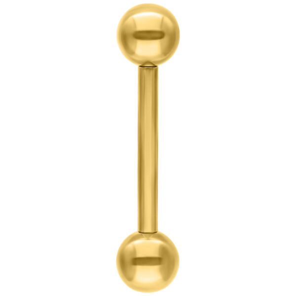Piercing barbell dorado con dos bolas sobre fondo blanco