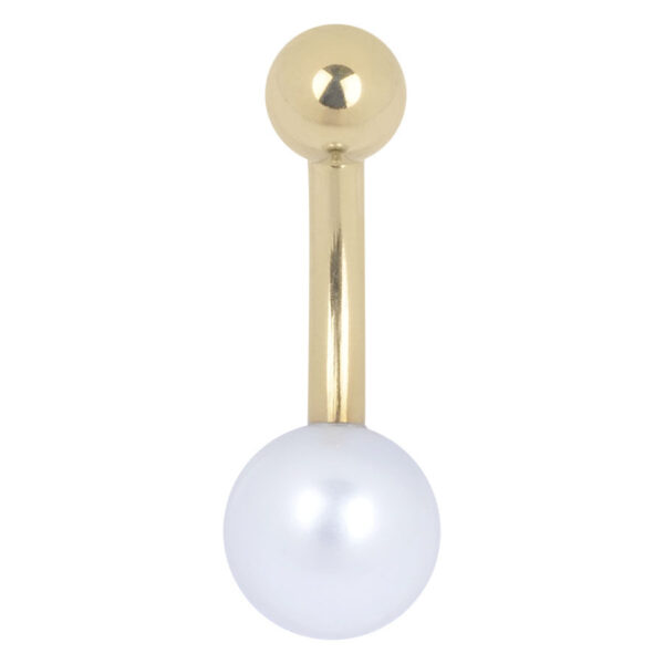 Banana bell de titanio dorado con perla blanca sobre fondo blanco
