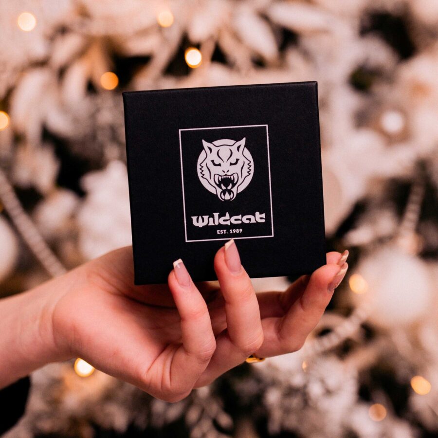 Caja de regalo negra de Wildcat con collar de ópalo y aros de plata, sostenida por una mano frente a un fondo desenfocado