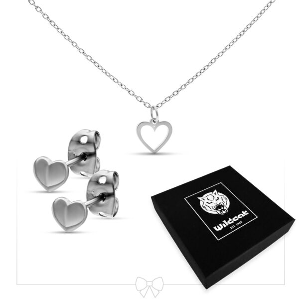Collar de corazón y pendientes de plata sobre fondo blanco con caja de regalo Wildcat negra