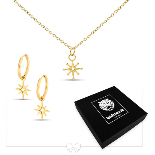 Collar dorado con colgante de Estrella Polar y pendientes a juego sobre fondo blanco